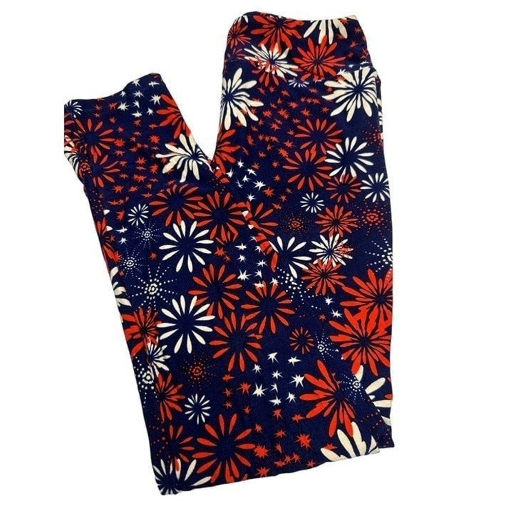 LuLaRoe Leggings One Size OS Patriotic Red White Blue Floral Star Burst Print